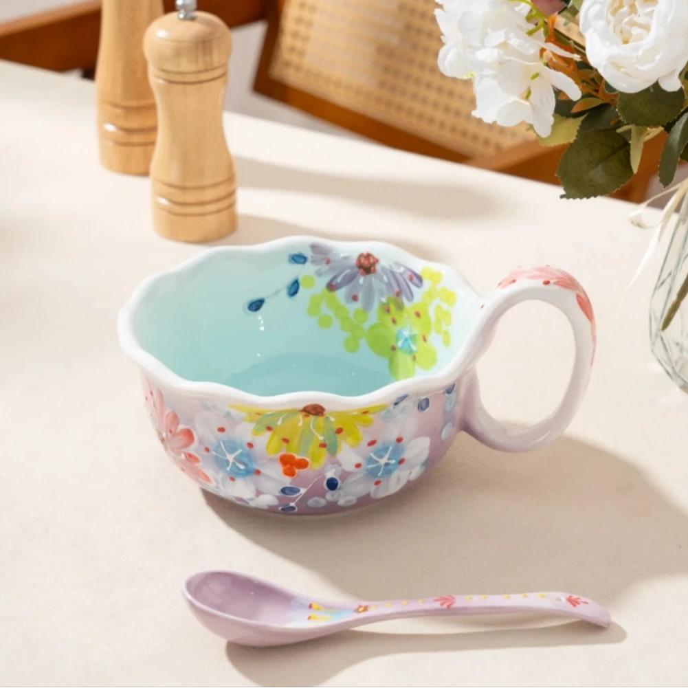 月季花开-手绘釉下彩濑户烧紫色曲把碗（送勺）