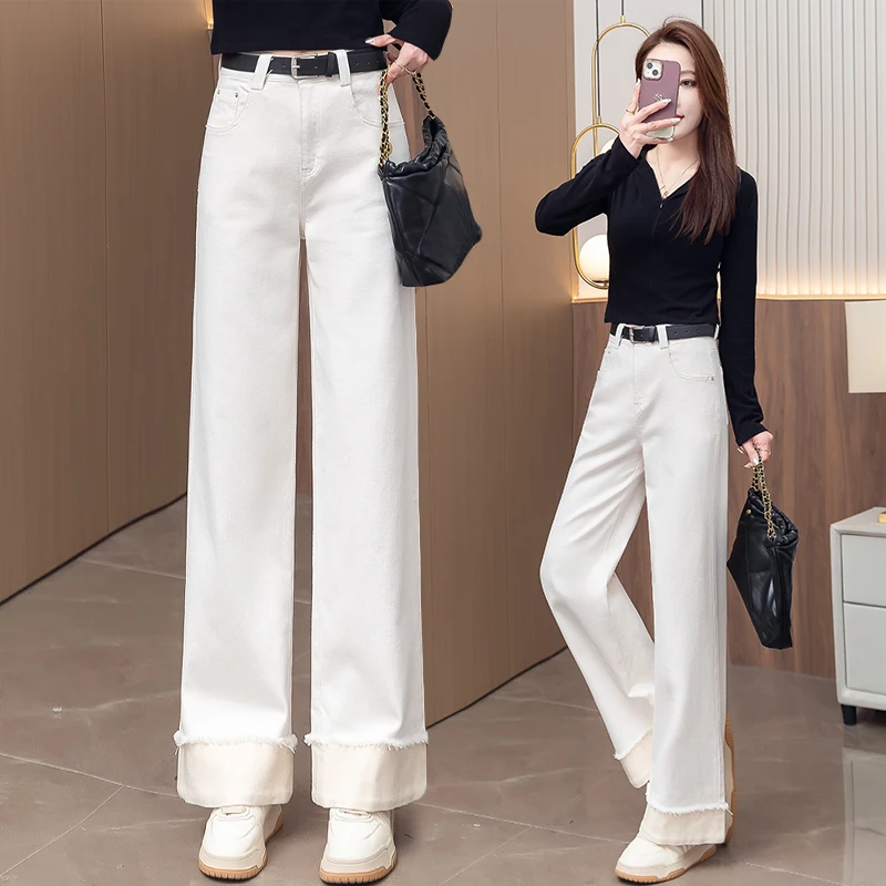 白色九分牛仔阔腿裤女2025春秋新款小个子梨形遮胯宽松垂感直筒裤
