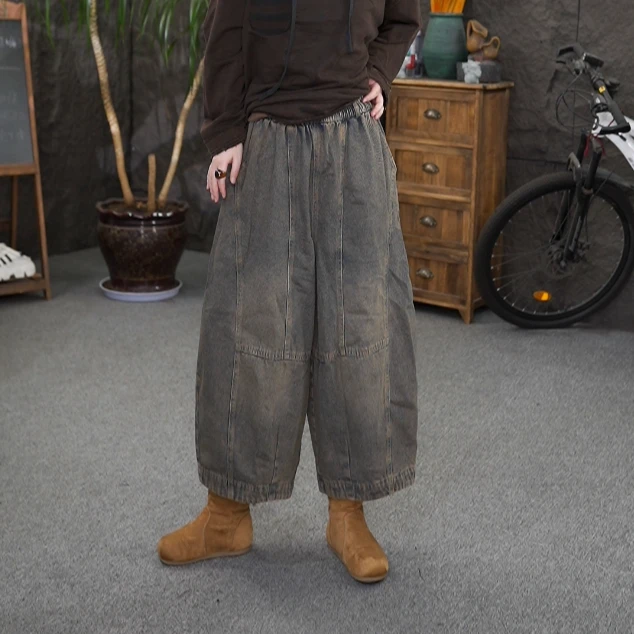 qq宽松做旧休闲风哈伦裤复古百搭阔腿裤松紧腰九分牛仔裤女