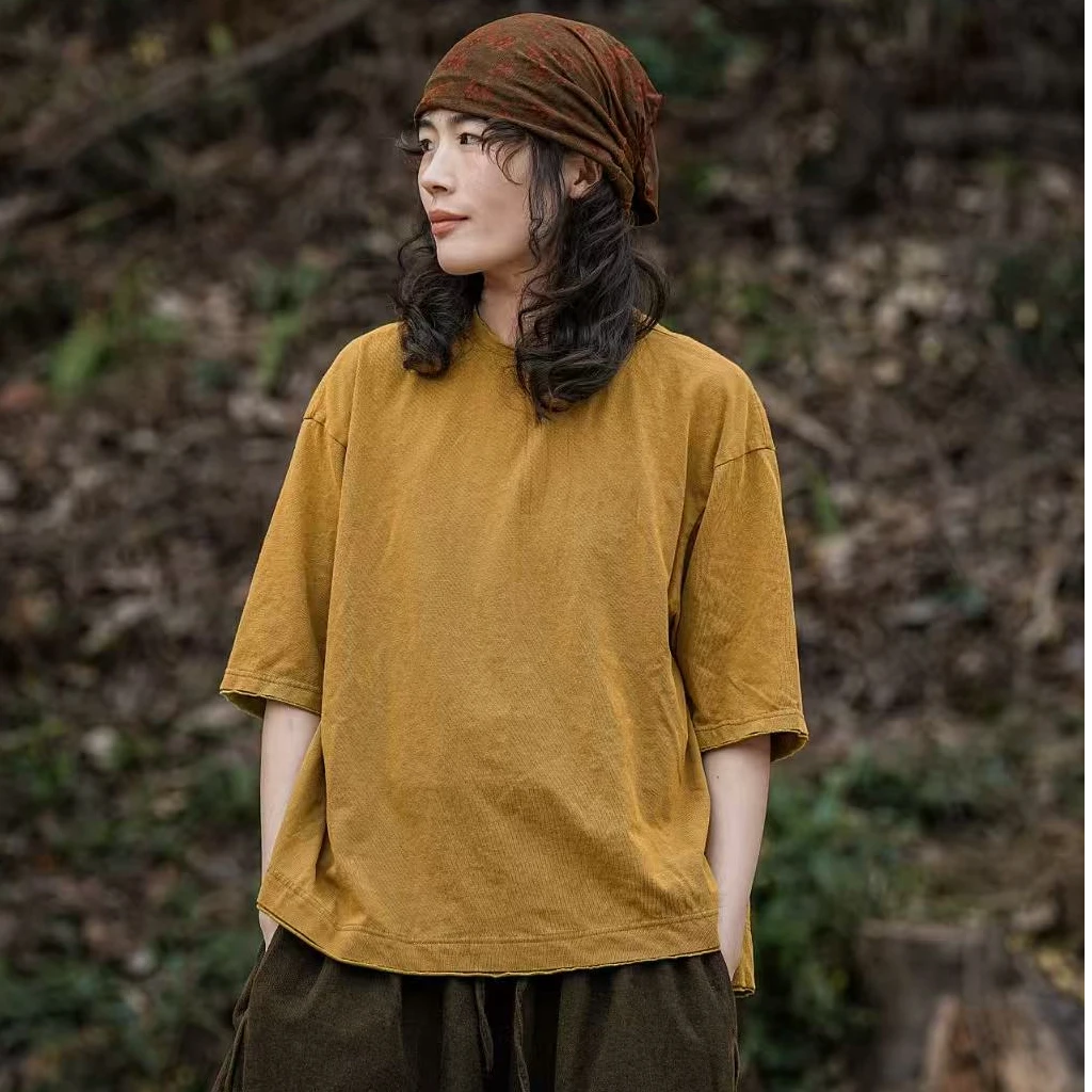 2025QUEYISE夏季新款休闲百搭半袖针织衫简约纯色圆领T恤08432