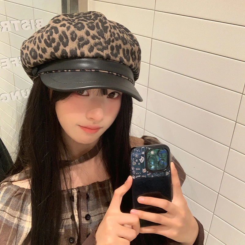 复古豹纹贝雷帽女款秋季辣妹百搭显脸小八角帽小众y2k大头围帽子
