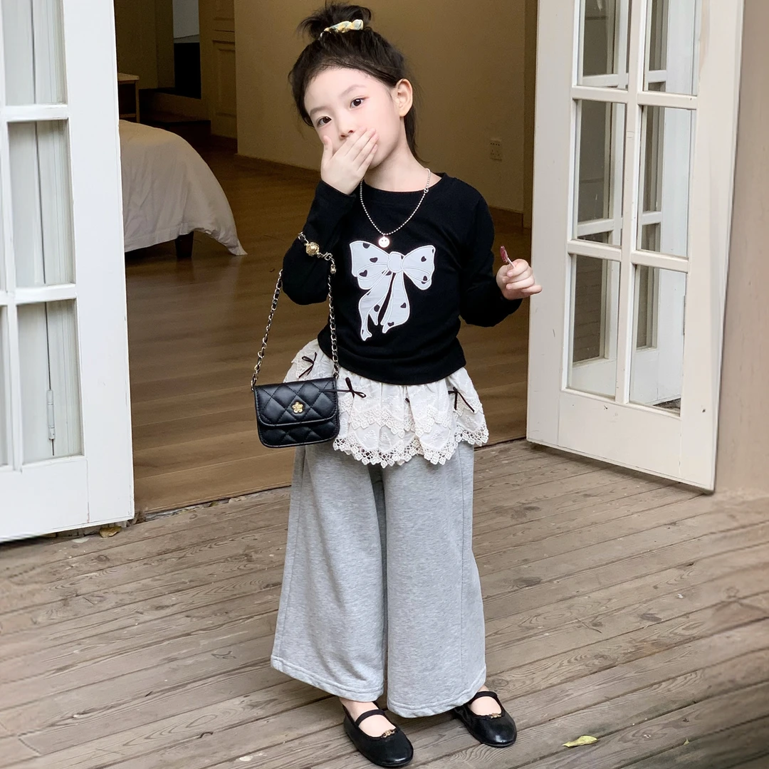 2025秋季韩系女童可爱印花蝴蝶结长袖T恤女宝洋气花边屁帘卫裤