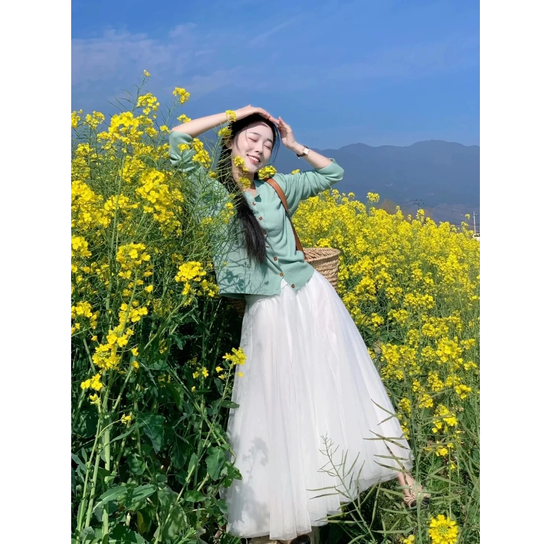 3522春季出游穿搭时尚套装女2025新款长袖针织开衫高腰显瘦半身裙
