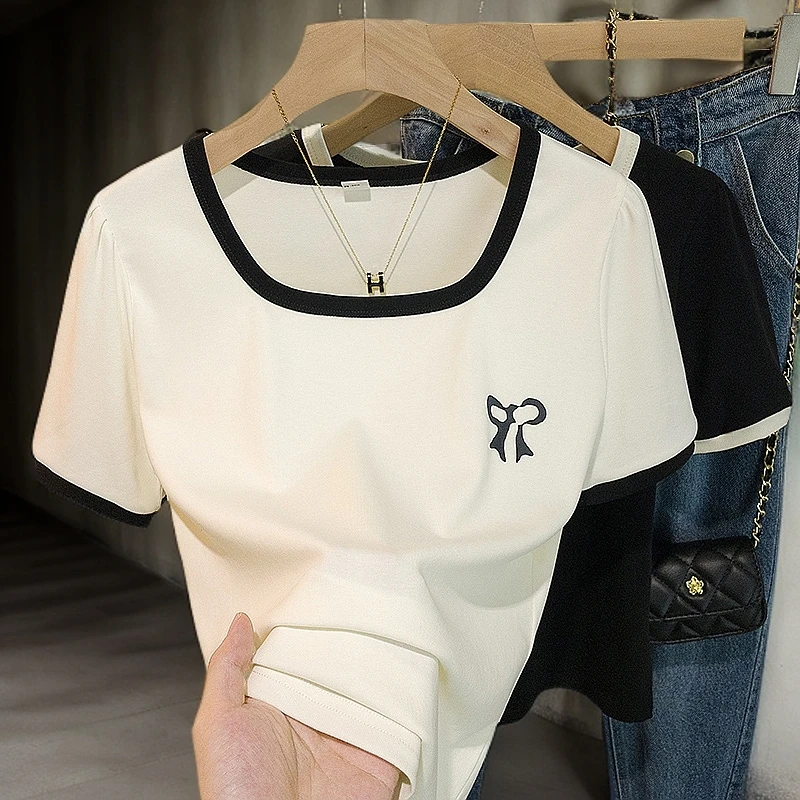 yoewshean/羽媗胖mm大码女装蝴蝶结印花短袖t恤夏季新款显瘦遮肚