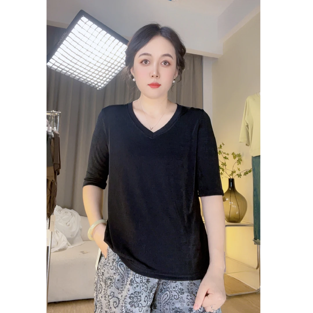 卓然原创 净版V领 五分袖 夏季新款重磅显瘦中袖柔软简约休闲