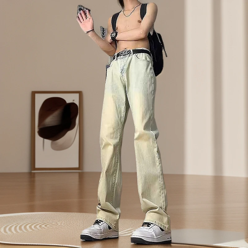 美式复古vibe裤子男款高街黄泥色牛仔裤高个子加长夏季弯刀微喇裤