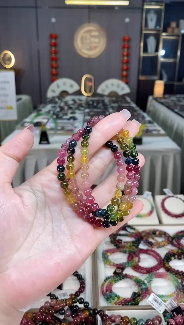 未镶嵌冰透体老矿碧玺彩虹三圈手串5mm+碧玺hon多样性发一条