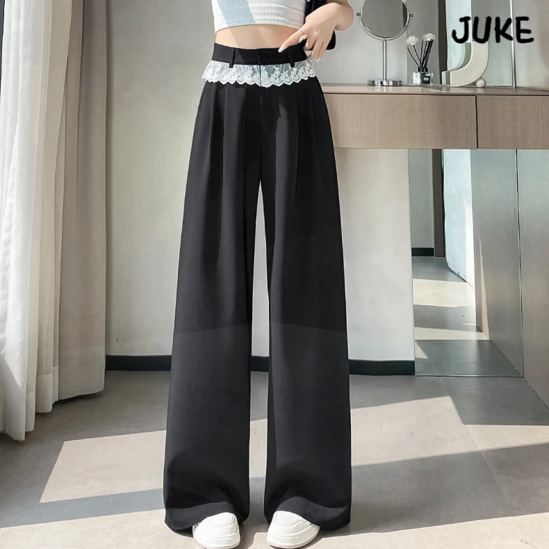 灰色西装阔腿裤女宽松直筒春夏设计感蕾丝拼接高腰裤垂感拖地长裤