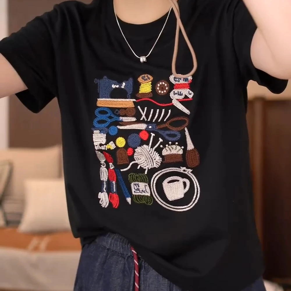 【纪念品】韩系夏季百搭显瘦圆领重工刺绣百搭T恤短袖上衣女夏季