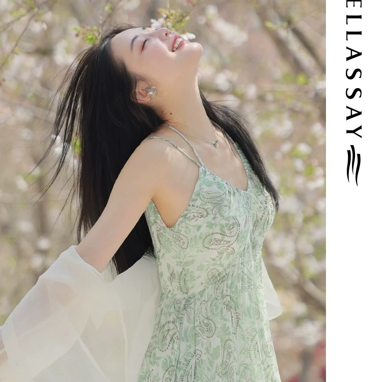 【晨粉专享价】歌力思新款欧若假日风印花吊带连衣裙女Y004