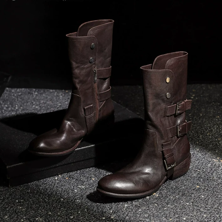 舒适时尚百搭意大利水洗马皮中筒时装马丁靴内外软皮英伦骑士靴潮