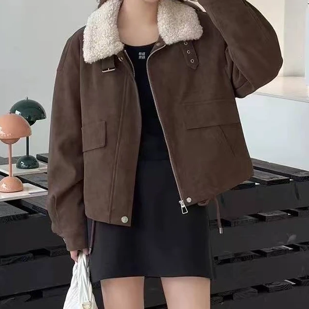 100韩版加绒立领短款夹克外套女冬季保暖时尚小个子