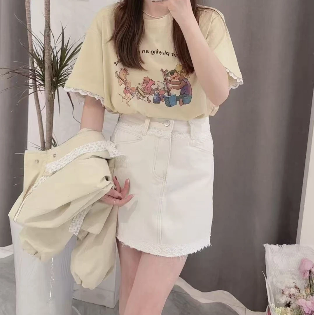 ouran 夏款G1189百搭显瘦拼蕾丝A版牛仔半裙