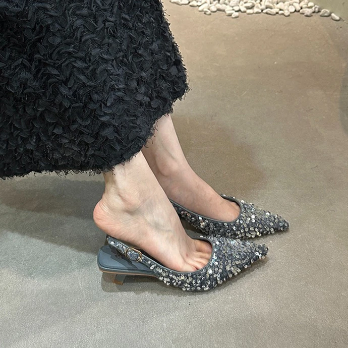 bling~法式小众高级感包头凉鞋仙女2025春秋季尖头单鞋亮片高跟鞋