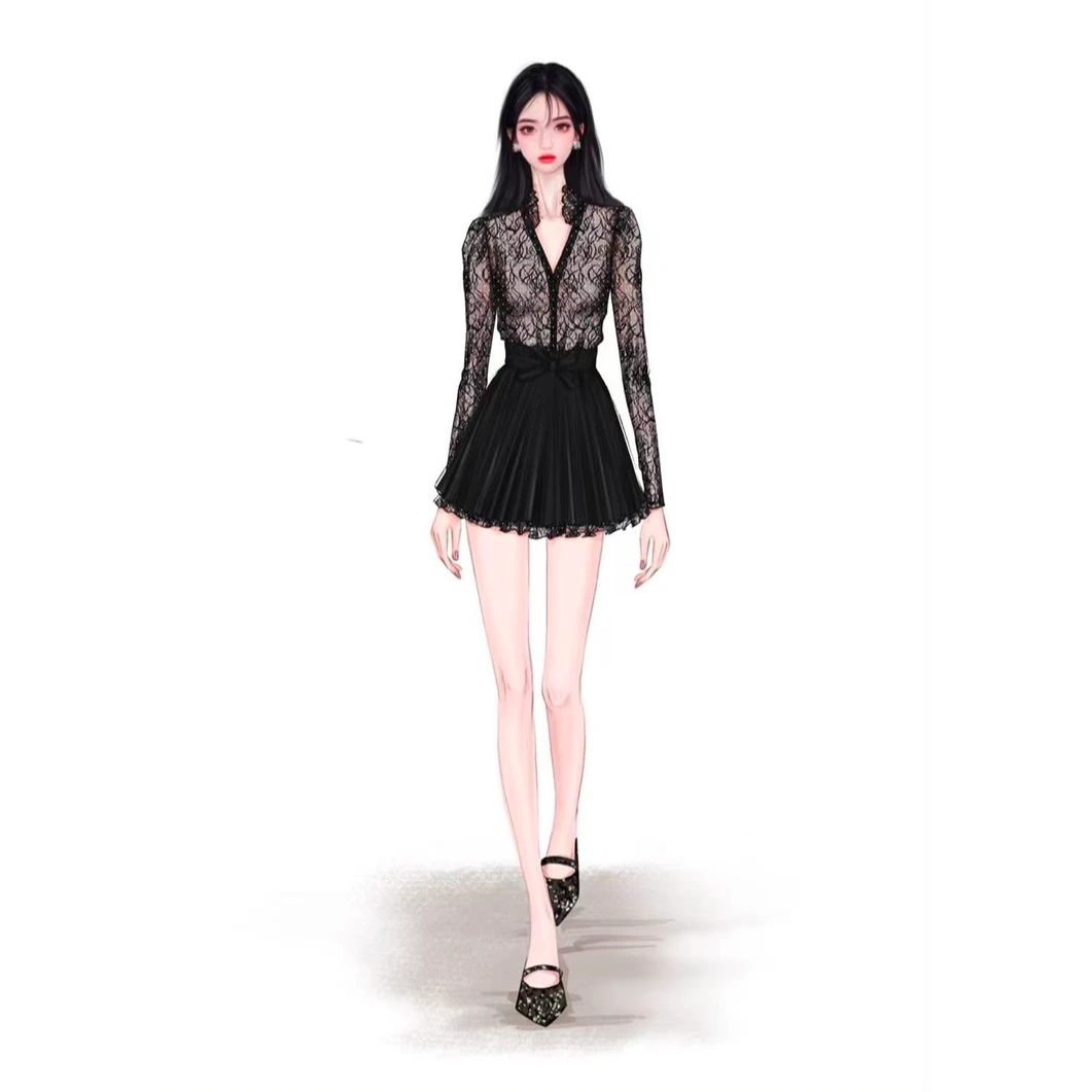 Rose Owner 5折粉丝福利～蕾丝物语荷叶边波点蕾丝衬衣/半裙两件套