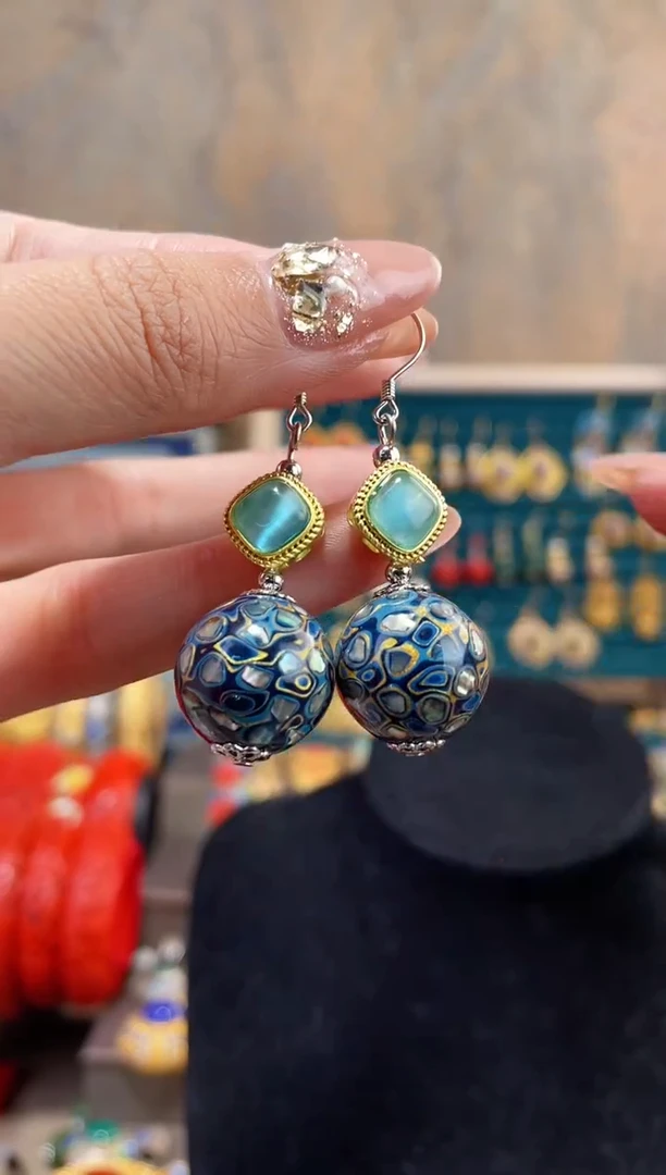 【闪购商品】非遗犀皮漆精品耳环蓝色