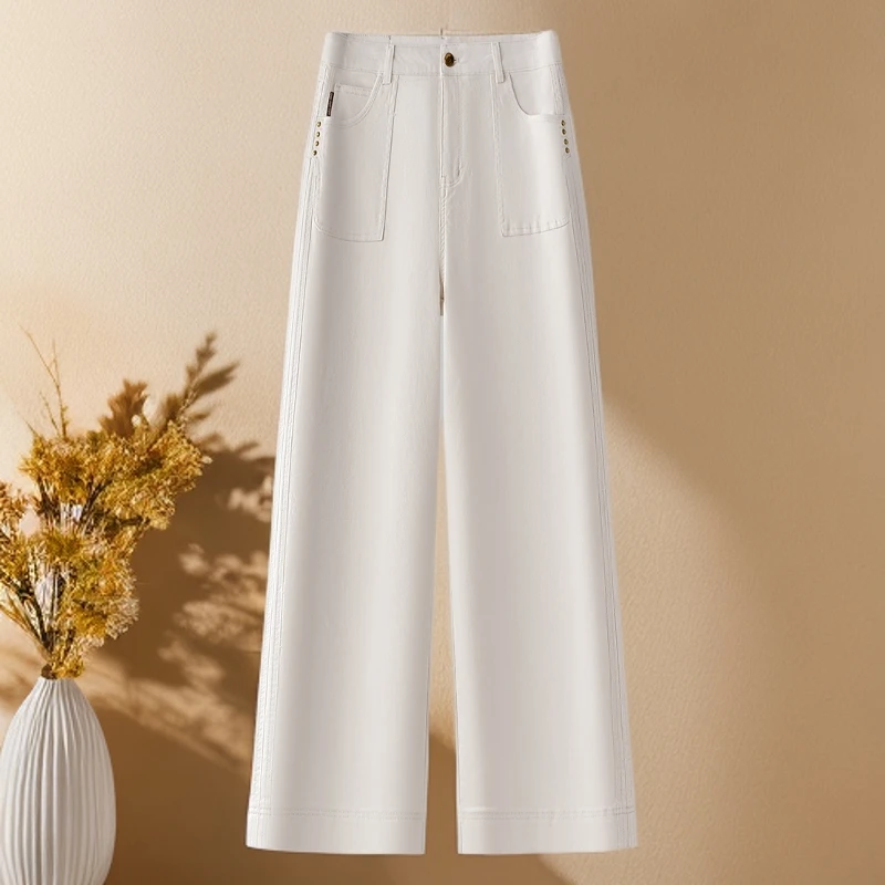 杏色宽松阔腿牛仔裤2025年新款女秋款小个子窄版高腰复古直筒裤子