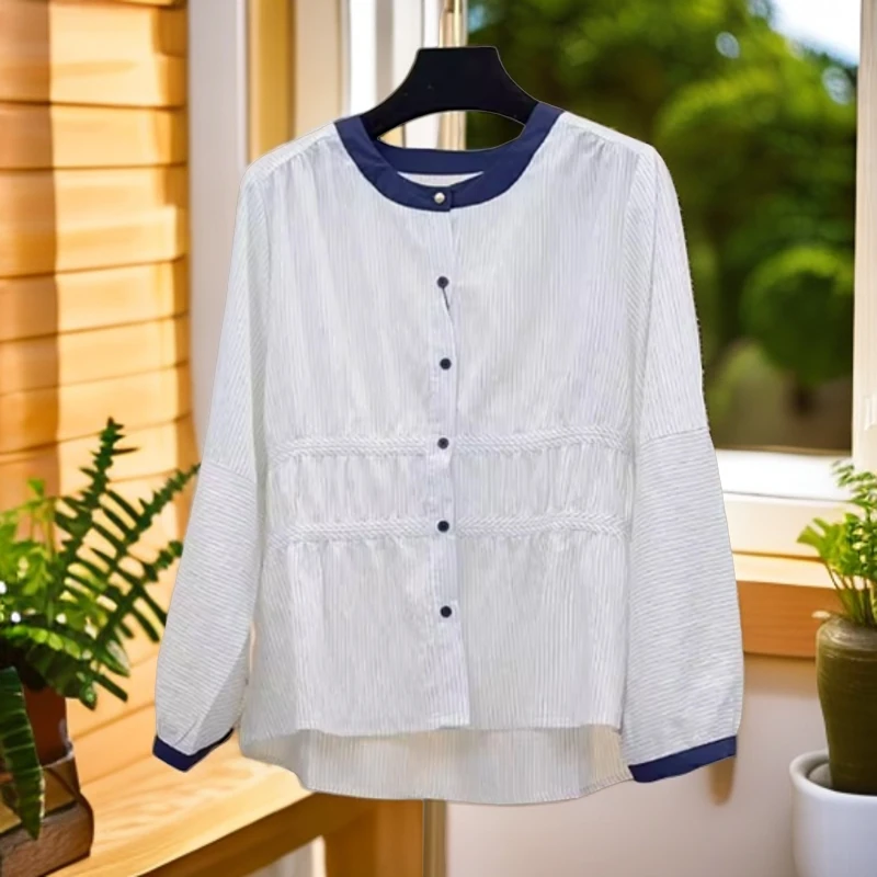 时尚通勤条纹长袖衬衫女秋季新款设计感宽松显瘦气质遮肉百搭衬衣