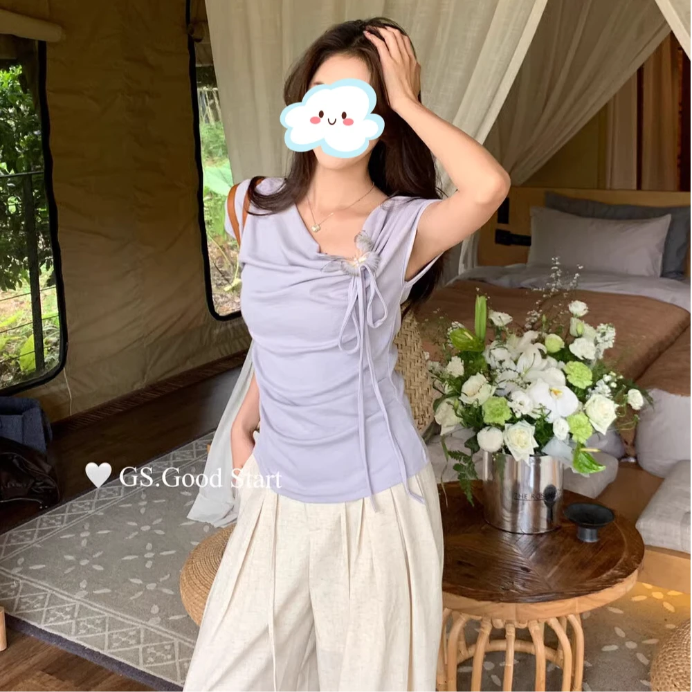 2025新款超好看温柔独特多巴胺上衣法式浪漫短袖t恤女蝴蝶结小衫