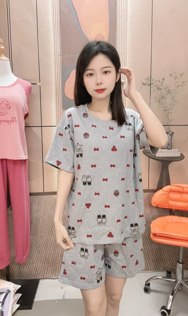（随机图案）睡衣夏新款灰色兔子蝴蝶结短袖短裤圆领运动家居服套装