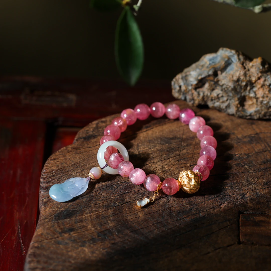 【意婵】天然典藏级老矿料红碧玺单圈18k金翡翠和田玉盐源-908931