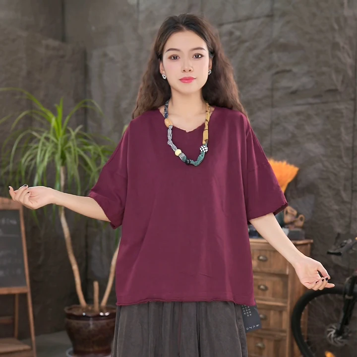 LL夏季100%纯棉短袖T恤大码女装宽松百搭半袖复古做旧上衣-9608