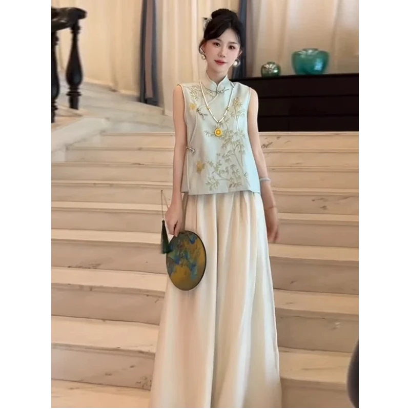 新中式国风立领盘扣衬衫阔腿裤两件套女2025夏季新款气质时尚套装