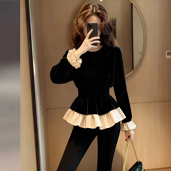 法式小香风黑色掐腰荷叶边丝绒上衣女2025新款秋冬高级感修身小衫