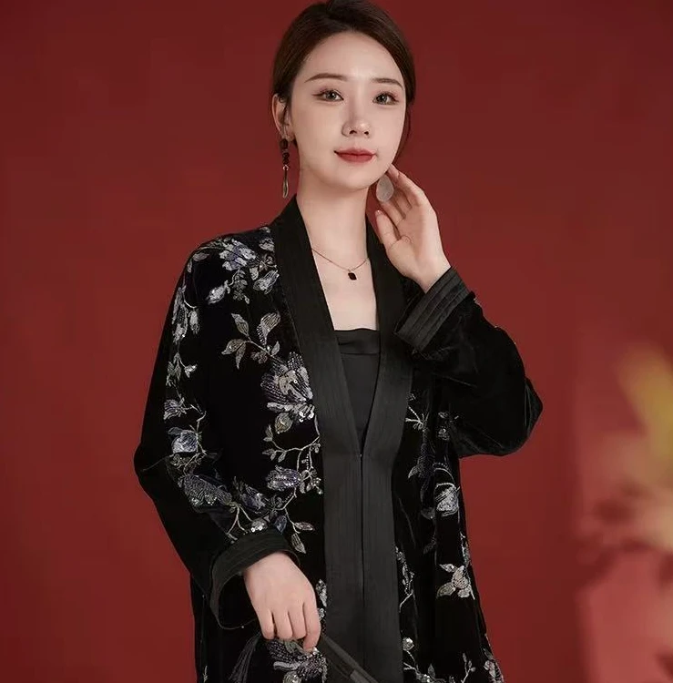 CHEN HENG 100%桑蚕丝重工珠片刺绣外套女款真丝丝绒开衫62498296