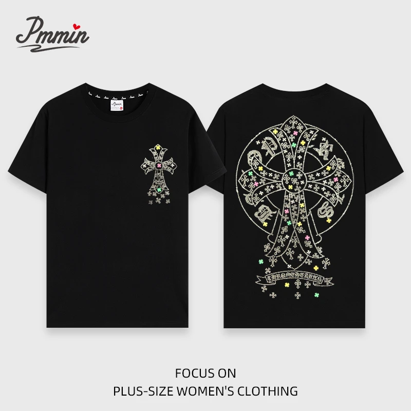 pmmin【双面克罗家】女装大码设计潮牌烫钻短袖T恤 夏季印花烫钻