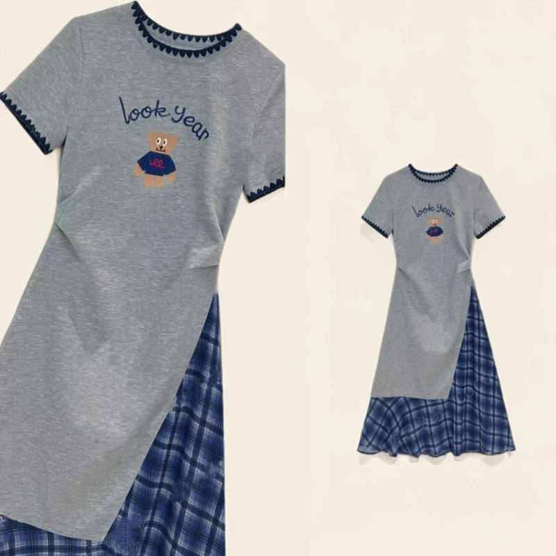 重工刺绣小熊夏季淑女显瘦收腰连衣裙拼接中长款宽松夏款赫本风