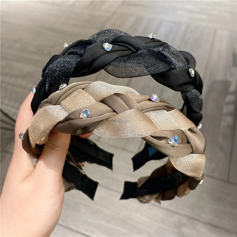 高级感麻花辫编织水钻宽边发箍高颅顶时尚百搭网红高端轻奢发饰女