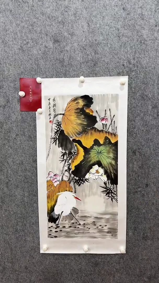 国画湖石荷韵鹭姿