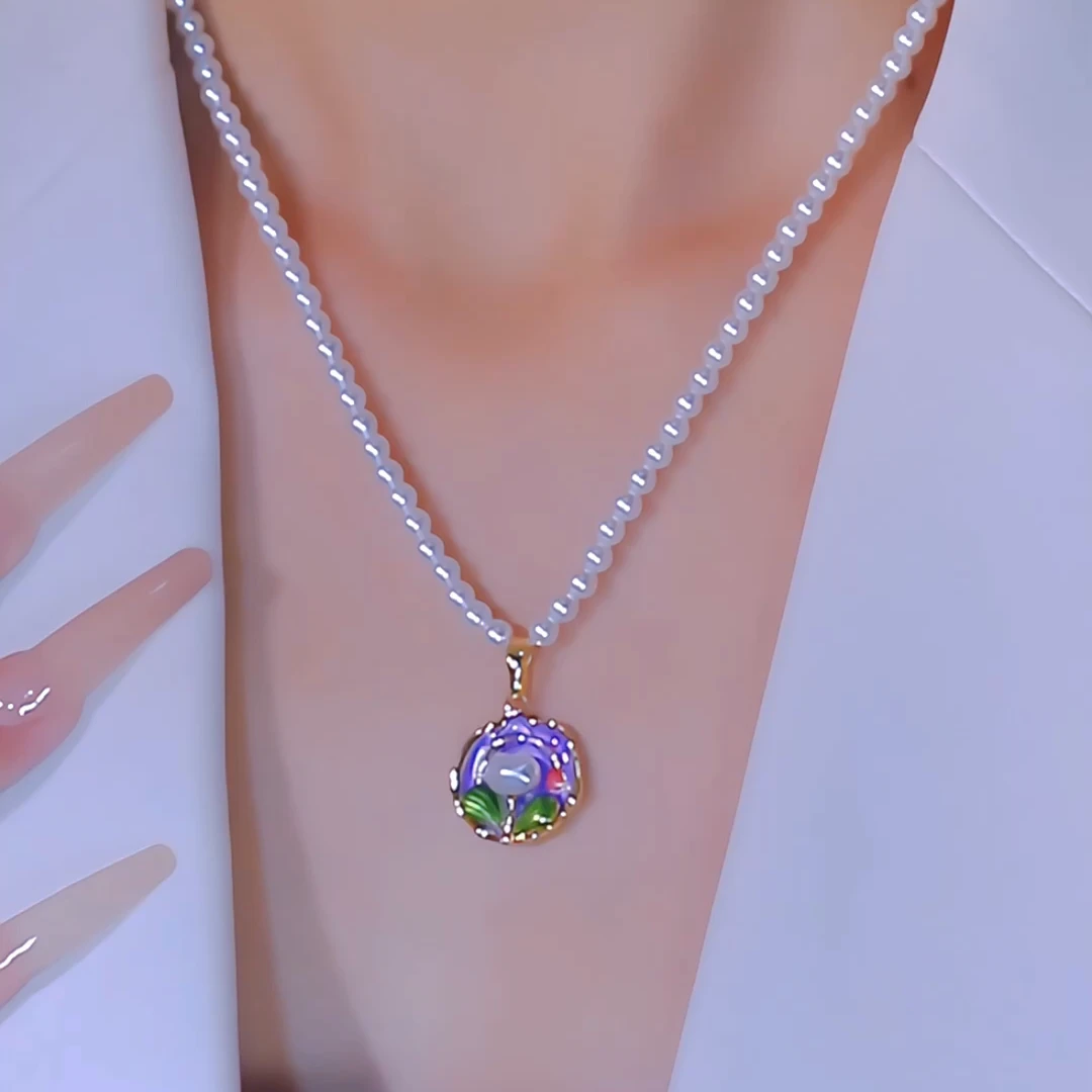 钛钢项链 轻奢时尚中古油画风珠珠款项链法式锁骨链复古百搭气质