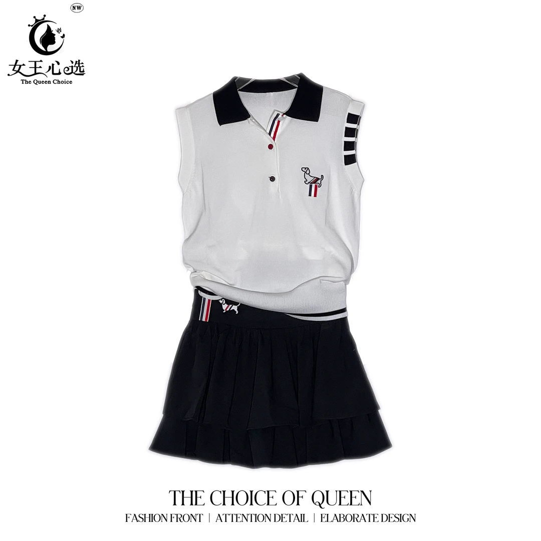 【笑姐定制】8906 小众学院风polo领刺绣小狗上衣高腰裤裙两件套