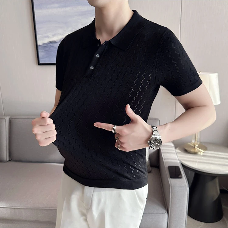 夏季高端冰丝薄款波浪纹针织衫男短袖修身潮流帅气休闲翻领Polo衫