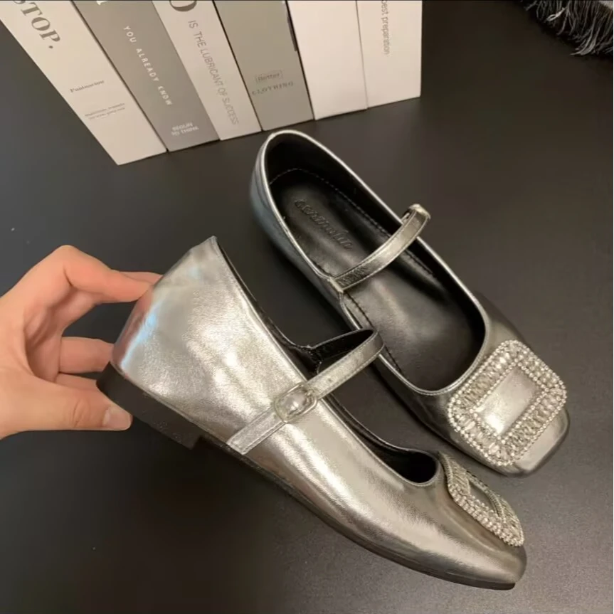 法式真皮水钻芭蕾风单鞋女春夏新款一字带内增高玛丽珍鞋女浅口