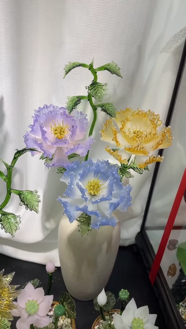 琉璃文*牡丹黄紫蓝+叶 送花瓶