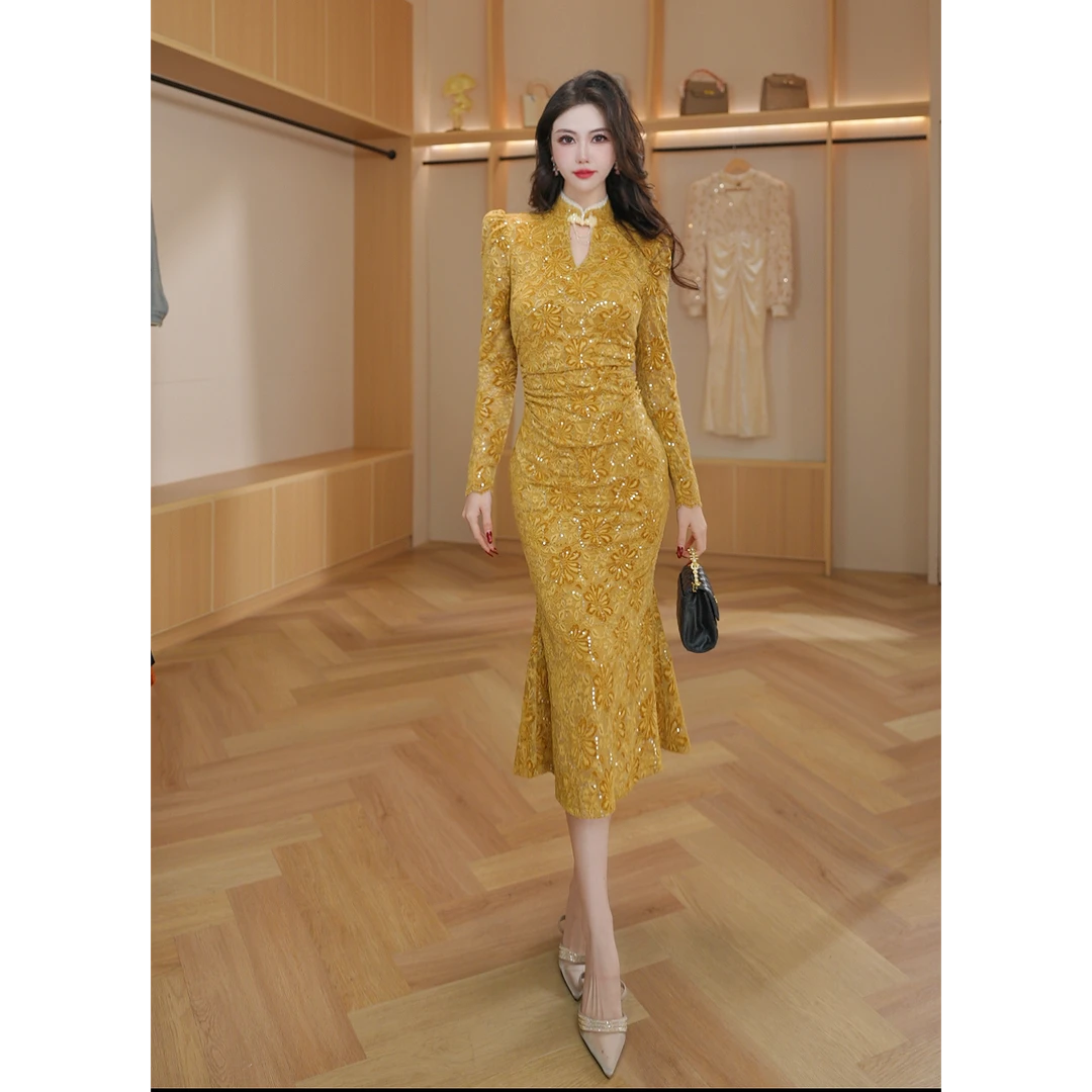 【琼仪定制】法式轻奢长袖气质蕾丝复古优雅修身连衣裙22010