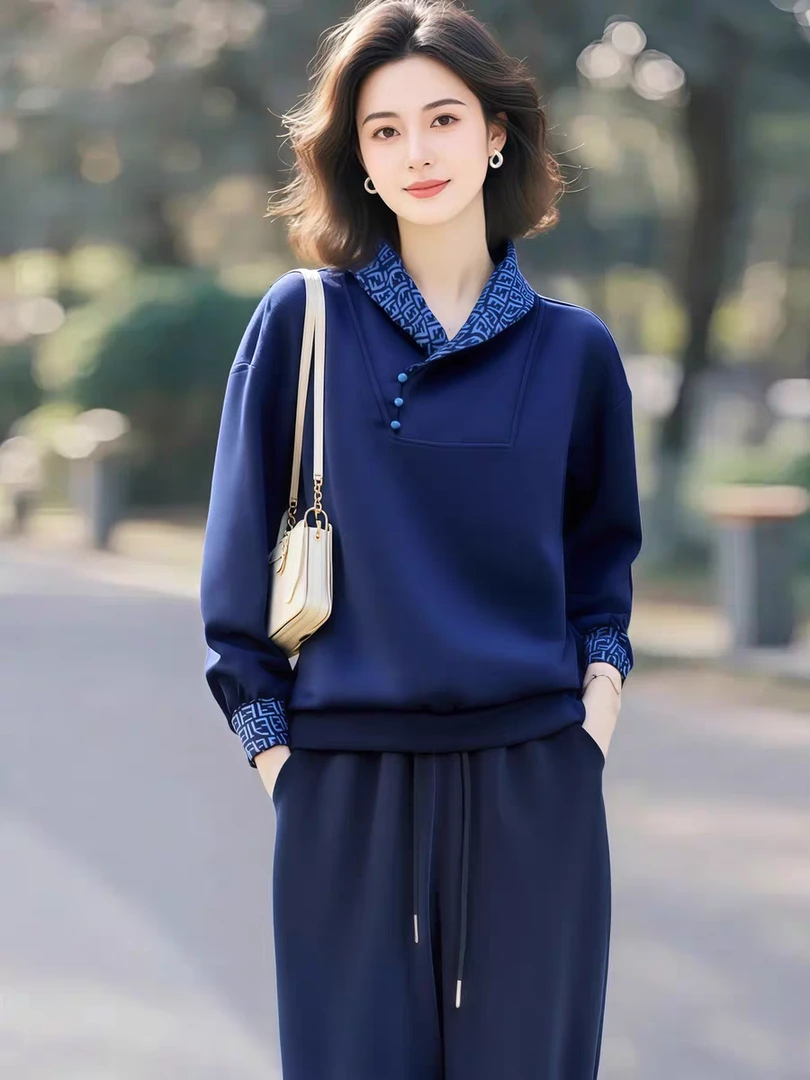 设计感轻国风显瘦卫衣+松紧腰休闲裤套装女2025秋季新款宽松国风