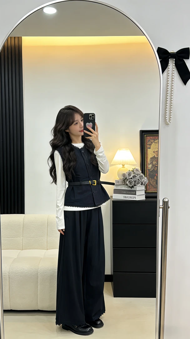 妃皇秀【慢调巴黎】设计师新款显瘦百搭时尚阔腿裤套装两件套#E12