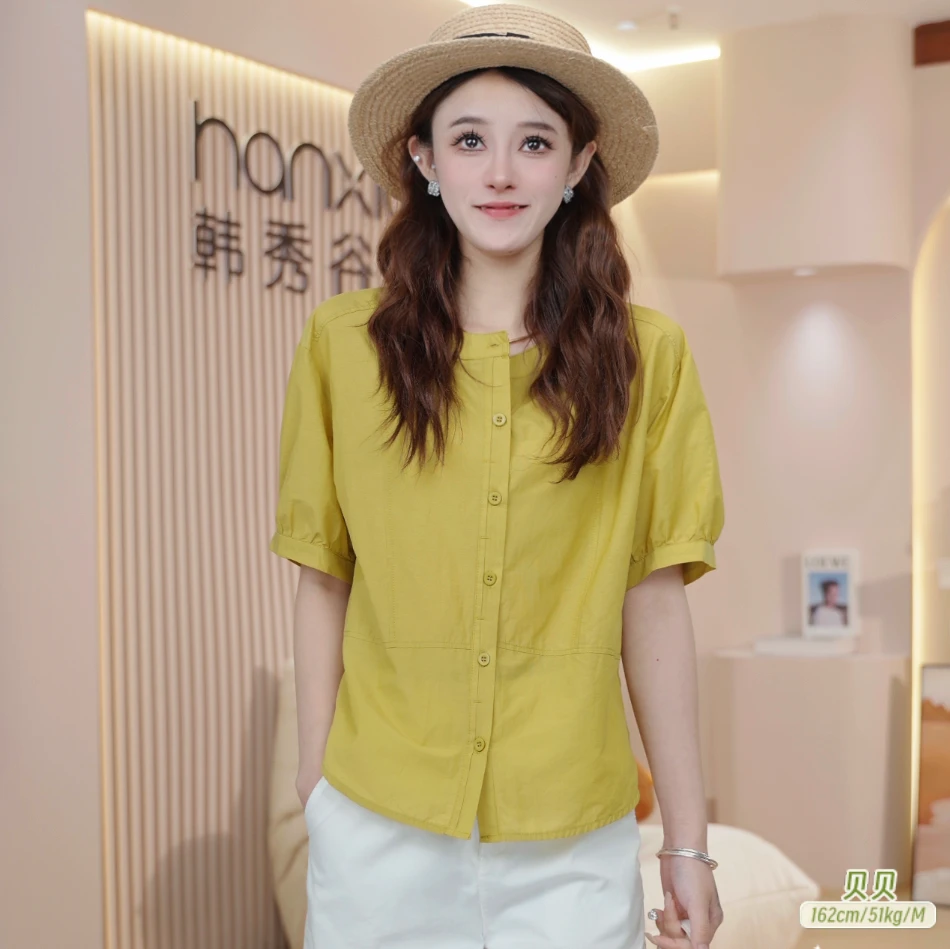 纯色时尚百搭短袖衬衫女2025夏季新款宽松遮肚子休闲洋气上衣B691