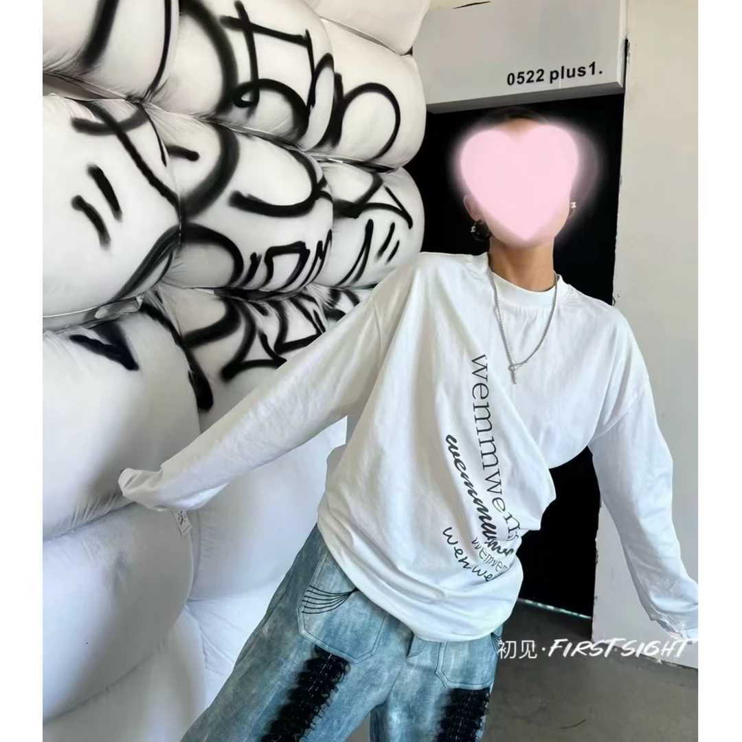 8803十三行韩版早春新款时髦不规则褶皱宽松字母印花T恤长袖T恤女