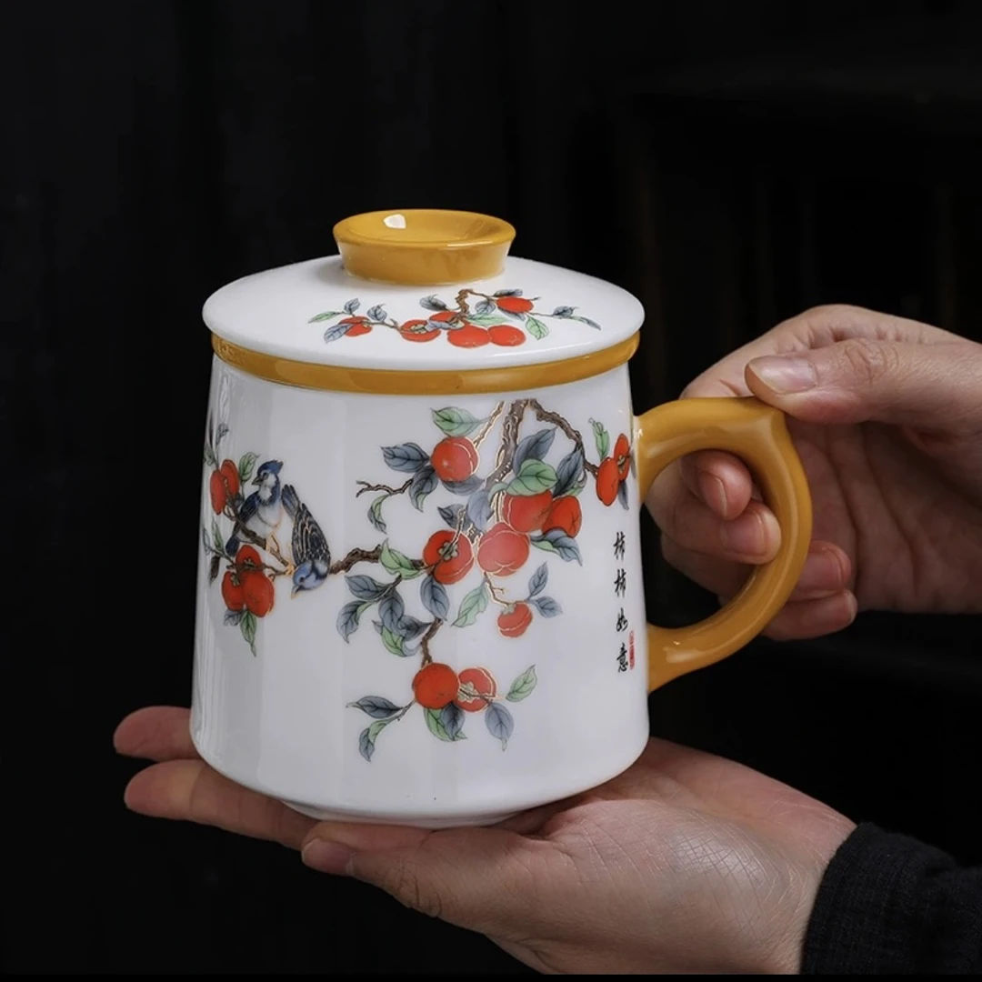 柿柿如意办公杯茶水分离一体打孔过滤内胆陶瓷办公杯马克杯