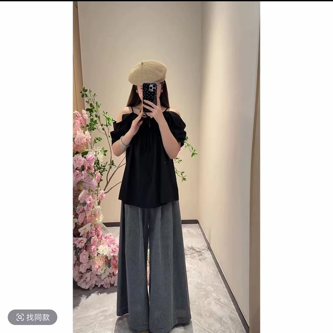法式小众设计感露肩衬衫上衣宽松吊带露肩上衣+格子阔腿九分裤