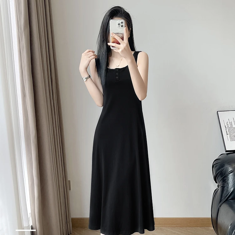 冰丝长款过膝纽扣吊带背心裙夏季宽松外穿内搭显瘦打底连衣裙女