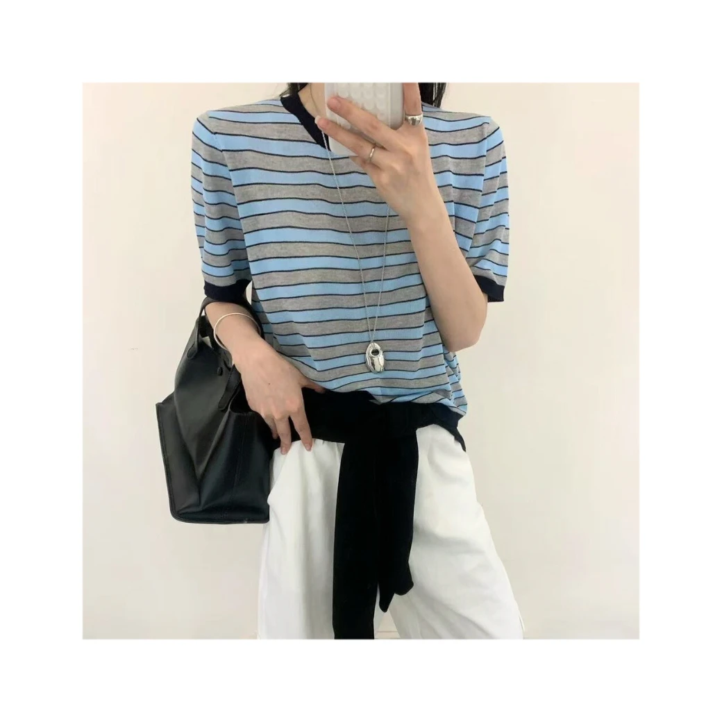 PLUR·PAN撞色条纹圆领休闲短袖针织衫