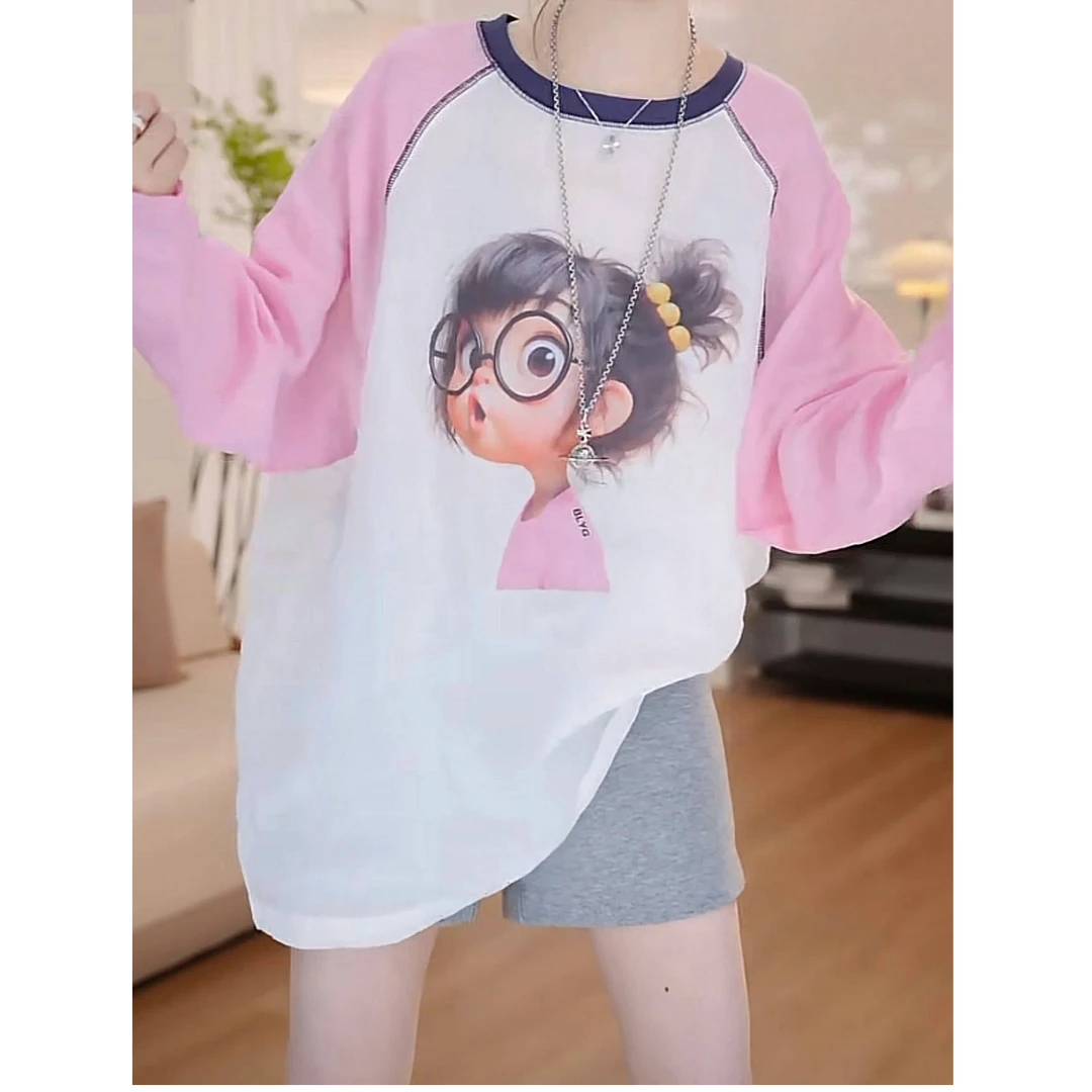 小美女卡通印花上衣2025新款春夏甜美可爱撞色薄款防晒罩衫T恤