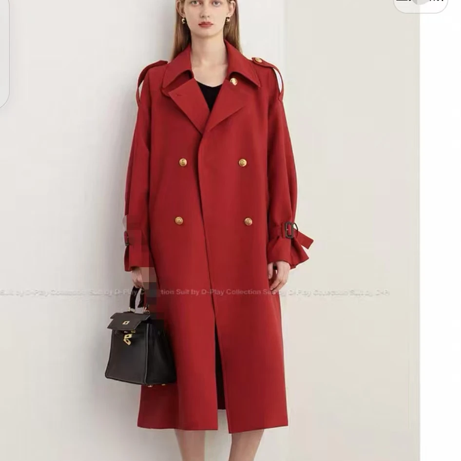 【释上SHISARIG】中长款9116酒红色设计师气质新款女神范风衣外套女