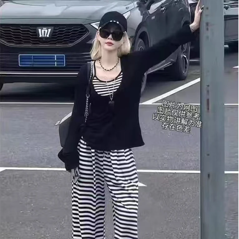 2025早秋新款大码女装韩系辣妹套装防晒罩衫+吊带背心+阔腿裤